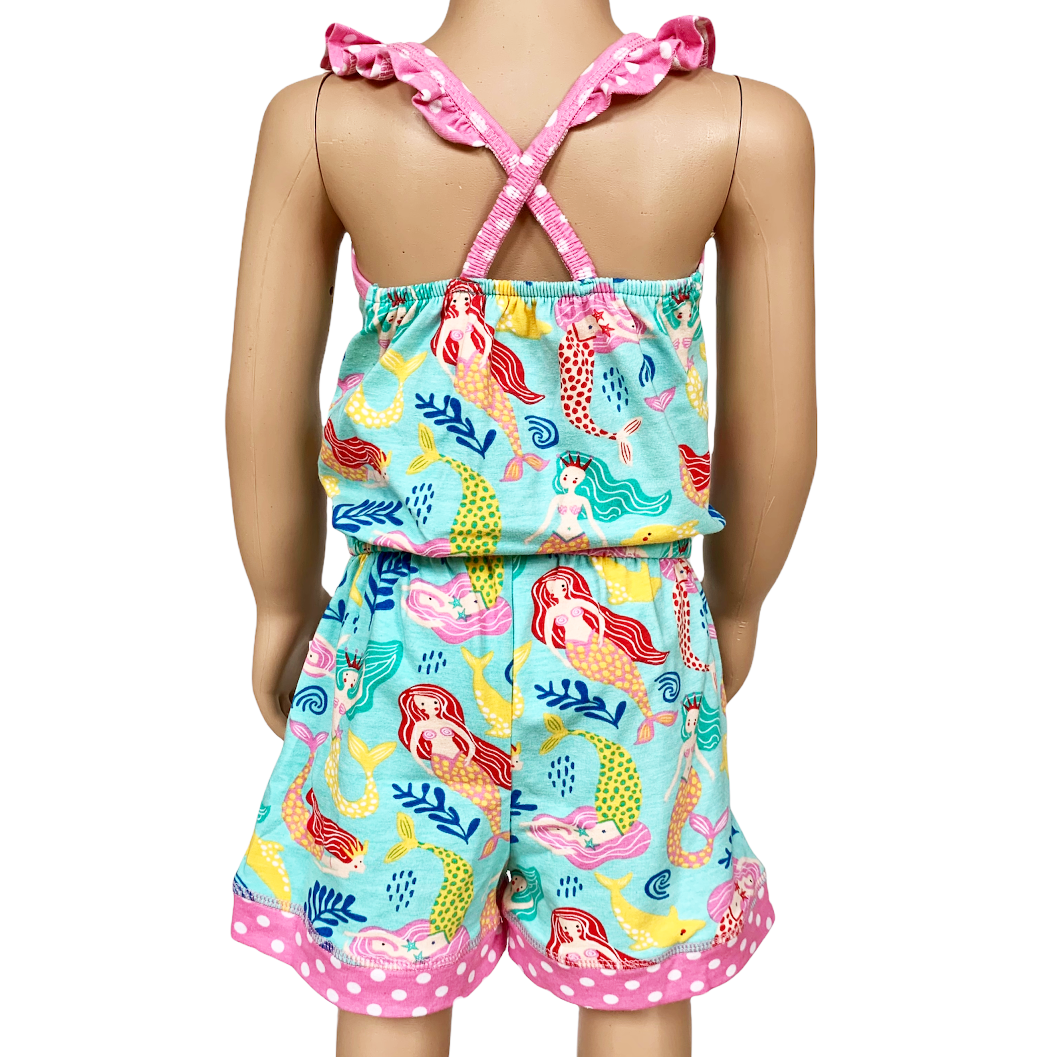AnnLoren Girls Boutique Nautical Mermaid Jumpsuit featuring criss-cross straps and a bow, perfect for spring and summer.